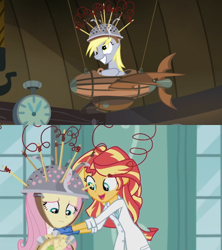 Size: 480x540 | Tagged: safe, screencap, character:derpy hooves, character:fluttershy, character:sunset shimmer, episode:slice of life, episode:the science of magic, equestria girls:friendship games, g4, my little pony: friendship is magic, my little pony:equestria girls, comparison, muffin 1, sunset the science gal