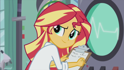 Size: 1920x1080 | Tagged: safe, screencap, character:sunset shimmer, episode:the science of magic, equestria girls:friendship games, g4, my little pony:equestria girls, clipboard, clothing, lab coat, pencil, solo, sunset the science gal