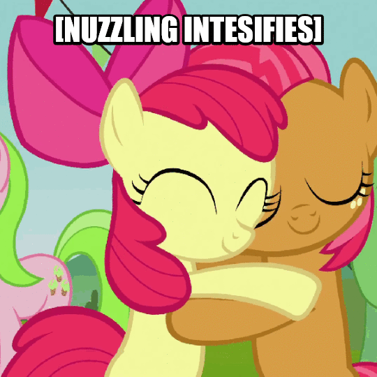Size: 540x540 | Tagged: safe, screencap, character:apple bloom, character:babs seed, character:red gala, species:pony, episode:apple family reunion, g4, my little pony: friendship is magic, adorababs, adorabloom, animated, apple family member, bipedal, crimson gala, cute, eyes closed, hug, image macro, meme, misspelling, nuzzling, smiling, weapons-grade cute, x intensifies
