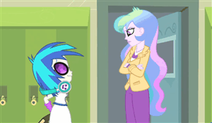 Size: 300x174 | Tagged: safe, screencap, character:dj pon-3, character:princess celestia, character:principal celestia, character:vinyl scratch, episode:music to my ears, equestria girls:rainbow rocks, g4, my little pony:equestria girls, animated, headphones