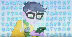 Size: 857x441 | Tagged: safe, screencap, character:microchips, episode:a banner day, equestria girls:friendship games, g4, my little pony:equestria girls, calculator, dna, genetic engineering, genetics, male