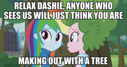 Size: 940x500 | Tagged: safe, screencap, character:pinkie pie, character:rainbow dash, ship:pinkiedash, episode:pinkie spy, equestria girls:friendship games, g4, my little pony:equestria girls, female, hair, image macro, implied flutterdash, lesbian, making out, mane, meme, shipping, solo, wig