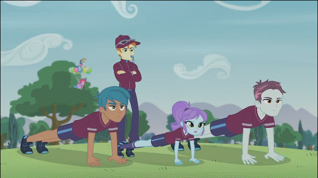 Size: 642x360 | Tagged: safe, screencap, character:crystal lullaby, character:pinkie pie, character:rainbow dash, episode:pinkie spy, equestria girls:friendship games, g4, my little pony:equestria girls, animated, background human, balloon, carlos thunderbolt, clothing, coach, coach rommel, crossed arms, crystal prep academy, crystal prep academy students, crystal prep shadowbolts, floating, frown, glasses, gritted teeth, hat, legs, lidded eyes, open mouth, pinkie being pinkie, pinkie physics, push-ups, spying, then watch her balloons lift her up to the sky, track starr, wat, whistle