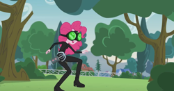 Size: 1366x714 | Tagged: safe, screencap, character:pinkie pie, episode:pinkie spy, equestria girls:friendship games, g4, my little pony:equestria girls, cat burglar, catsuit, goggles, grappling hook, night vision goggles, rope, sam fisher, splinter cell, stealth, stealth suit