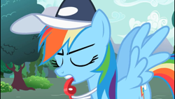 Size: 960x540 | Tagged: safe, screencap, character:rainbow dash, episode:may the best pet win, g4, my little pony: friendship is magic, baseball cap, blowing, clothing, coach, eyes closed, hat, rainbow dashs coaching whistle, solo, teeth, whistle, whistle fetish, whistle necklace