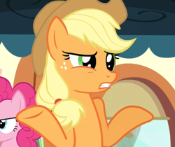 Size: 855x717 | Tagged: safe, screencap, character:applejack, character:pinkie pie, episode:just for sidekicks, g4, my little pony: friendship is magic, reaction image