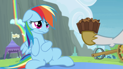 Size: 800x450 | Tagged: safe, screencap, character:rainbow dash, episode:rainbow falls, g4, my little pony: friendship is magic, apple brown betty (food), belly, food