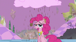 Size: 1280x718 | Tagged: safe, screencap, character:pinkie pie, species:earth pony, species:pony, episode:the return of harmony, g4, my little pony: friendship is magic, chaos, chocolate, chocolate milk, chocolate rain, cloud, cotton candy, cotton candy cloud, discorded landscape, element of laughter, female, food, looking at camera, looking at you, mare, ponyville, rain, solo, tongue out