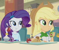 Size: 720x611 | Tagged: safe, screencap, character:applejack, character:rarity, equestria girls:rainbow rocks, g4, my little pony:equestria girls, apple, apple juice, cafeteria, rice