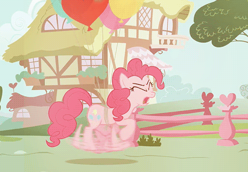 Size: 500x346 | Tagged: safe, screencap, character:pinkie pie, episode:it's about time, g4, my little pony: friendship is magic, animated, balloon, panic, pinkie being pinkie, pinkie physics, solo, then watch her balloons lift her up to the sky