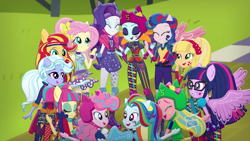 Size: 1366x768 | Tagged: safe, screencap, character:applejack, character:fluttershy, character:indigo zap, character:lemon zest, character:pinkie pie, character:rainbow dash, character:rarity, character:sour sweet, character:sugarcoat, character:sunny flare, character:sunset shimmer, character:twilight sparkle, character:twilight sparkle (scitwi), species:eqg human, equestria girls:friendship games, g4, my little pony:equestria girls, commercial, group hug, hug, humane seven, humane six, mane six, ponied up, pony ears, scitwilicorn, shadow five, shadow six, unleash the magic (commercial), youtube link