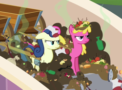 Size: 532x391 | Tagged: safe, screencap, character:bon bon, character:cherry berry, character:sweetie drops, episode:putting your hoof down, g4, my little pony: friendship is magic, bon bon is not amused, cart, duo, duo female, female, smell, trash, visible stench