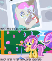 Size: 740x870 | Tagged: safe, screencap, character:mayor flitter flutter, character:mayor mare, episode:ponyville confidential, episode:twinkle wish adventure, g3.5, g4, my little pony: friendship is magic, comparison, cropped, hair dye, newspaper, non-dyed mayor