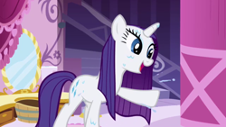 Size: 640x360 | Tagged: safe, screencap, character:rarity, episode:the ticket master, g4, my little pony: friendship is magic, happy, open mouth, smiling, solo, wet, wet mane, wet mane rarity, wide eyes