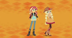 Size: 1363x726 | Tagged: safe, screencap, character:applejack, character:sunset shimmer, episode:friendship through the ages, g4, my little pony:equestria girls, alternate hairstyle, boots, country applejack, cute, dancing, grin, high heels, jackabetes, linedancing, pigtails, shimmerbetes, sleeveless, smiling, spurs
