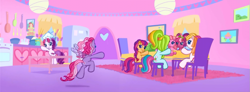 Size: 1183x435 | Tagged: safe, screencap, character:cheerilee (g3), character:pinkie pie (g3), character:rainbow dash (g3), character:scootaloo (g3), character:starsong, character:sweetie belle (g3), character:toola roola (g3), episode:waiting for the winter wishes festival, g3.5, chef's hat, clothing, core seven, g3 panorama, hat, panorama