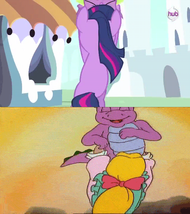 Size: 640x720 | Tagged: safe, screencap, character:megan williams, character:spike, character:spike (g1), character:twilight sparkle, character:twilight sparkle (unicorn), species:dragon, species:human, species:pony, species:unicorn, episode:the crystal empire, g1, g4, my little pony: friendship is magic, animated, bipedal, butt, comparison, cute, eyes closed, female, hub logo, male, mare, megandorable, plot, smiling, spikabetes, twiabetes
