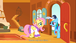 Size: 1366x768 | Tagged: safe, screencap, character:fluttershy, character:rainbow dash, species:pegasus, species:pony, episode:hurricane fluttershy, g4, my little pony: friendship is magic, cap, clothing, duo, female, fluttershy's cottage, hat, indoors, mare, pony pox, whistle, whistle necklace, youtube caption, youtube link
