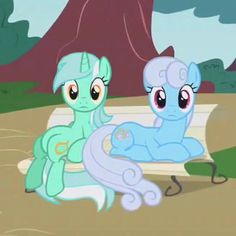 Size: 236x236 | Tagged: safe, screencap, character:linky, character:lyra heartstrings, character:shoeshine, species:earth pony, species:pony, species:unicorn, episode:dragonshy, g4, my little pony: friendship is magic, bench, cropped, duo, female, it begins, mare, meme origin, prone, sitting, sitting lyra