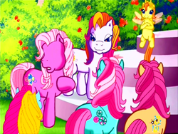 Size: 640x480 | Tagged: safe, screencap, character:minty, character:pinkie pie (g3), character:sparkleworks, character:sunny daze (g3), character:zipzee, episode:the princess promenade, g3, animation error, no eyes