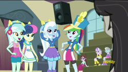 Size: 1366x768 | Tagged: safe, screencap, character:bon bon, character:diamond tiara, character:lyra heartstrings, character:rainbow dash, character:silver spoon, character:sweetie drops, character:trixie, character:velvet sky, equestria girls:friendship games, g4, my little pony:equestria girls, background human, chloe commons, chs rally song, discovery family logo, velvet sky
