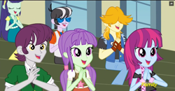 Size: 1366x711 | Tagged: safe, screencap, character:blueberry cake, character:indigo wreath, character:mystery mint, character:ringo, character:starlight, equestria girls:friendship games, g4, my little pony:equestria girls, background human, blueberry cake, chs rally song, discovery family logo, indigo wreath, ringo, sextet, starlight, valhallen