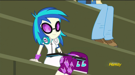 Size: 569x320 | Tagged: safe, screencap, character:dj pon-3, character:vinyl scratch, equestria girls:friendship games, g4, my little pony:equestria girls, animated, background human, cable, canterlot high, chs rally song, discovery family logo, keyboard, sneak peek, speakers, valhallen, wondercolts, wub