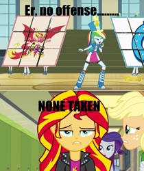 Size: 697x828 | Tagged: safe, screencap, character:applejack, character:rainbow dash, character:rarity, character:sunset satan, character:sunset shimmer, equestria girls:friendship games, equestria girls:rainbow rocks, g4, my little pony:equestria girls, chs rally song, demon, discovery family logo, sunset satan
