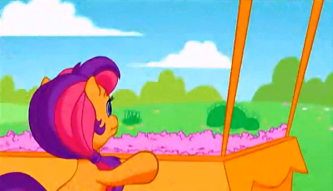 Size: 655x375 | Tagged: safe, screencap, character:pinkie pie (g3), character:scootaloo (g3), episode:pinkie pie's ferris wheel adventure, g3.5, animated, cap, clothing, hat, popcorn, shirt