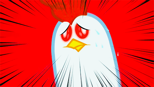 Size: 500x281 | Tagged: safe, screencap, species:chicken, species:cockatrice, episode:stare master, g4, my little pony: friendship is magic, animated, eye shimmer, frown, nervous, plewds, red background, simple background, solo, speed lines, sweat, worried