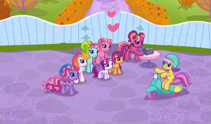 Size: 740x435 | Tagged: safe, screencap, character:cheerilee (g3), character:mayor flitter flutter, character:pinkie pie (g3), character:rainbow dash (g3), character:scootaloo (g3), character:starsong, character:sweetie belle (g3), character:toola roola (g3), episode:twinkle wish adventure, g3.5, animated, core seven, helmet, motorcycle helmet, scooter, smiling, waving