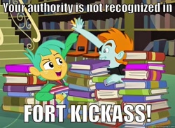 Size: 590x432 | Tagged: safe, screencap, character:snails, character:snips, my little pony:equestria girls, archer (show), book fort, duo, fort kickass, image macro, meme