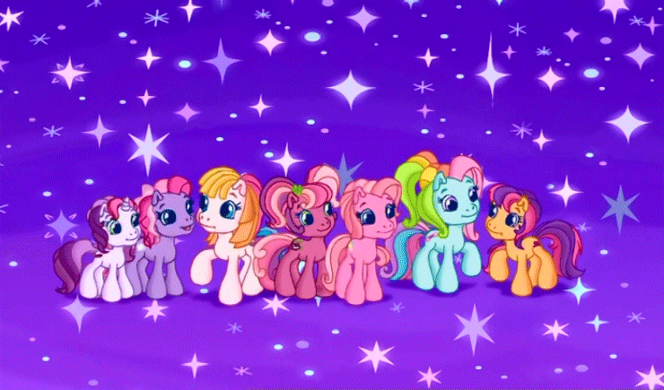 Size: 740x435 | Tagged: safe, screencap, character:cheerilee (g3), character:pinkie pie (g3), character:rainbow dash (g3), character:scootaloo (g3), character:starsong, character:sweetie belle (g3), character:toola roola (g3), episode:waiting for the winter wishes festival, g3.5, animated, core seven, smiling, stars