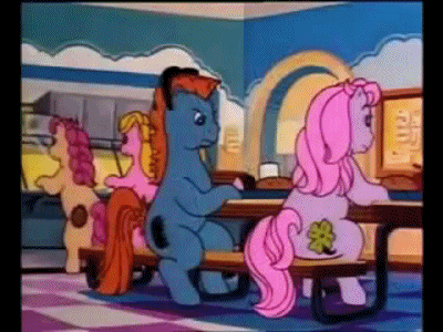 Size: 400x300 | Tagged: safe, screencap, character:bon bon (g1), character:clover (g1), character:starlight (g1), character:sweetheart, character:teddy, species:pony, episode:stand by me, g1, my little pony tales, animated, bipedal, bullying, cafeteria, douchebag, faceplant, food, milk, ouch, pure unfiltered evil, rekt, rude, spilled milk, tripping