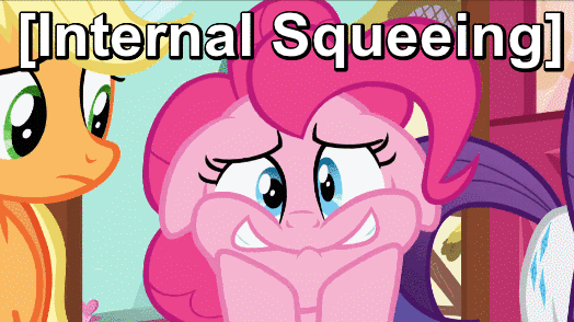 Size: 524x294 | Tagged: safe, screencap, character:applejack, character:pinkie pie, character:rarity, episode:the one where pinkie pie knows, g4, my little pony: friendship is magic, animated, blinking, descriptive noise, excited, floppy ears, image macro, internal squeeing, meme, reaction image, shaking, squee, x internally