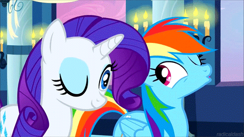 Size: 500x281 | Tagged: safe, screencap, character:rainbow dash, character:rarity, species:pegasus, species:pony, species:unicorn, episode:a canterlot wedding, g4, my little pony: friendship is magic, animated, duo, female, gif, giggling, laughingmares.jpg, mare, wink