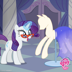 Size: 720x720 | Tagged: safe, official, screencap, character:rarity, species:pony, species:unicorn, episode:canterlot boutique, g4, my little pony: friendship is magic, clothing, cropped, cute, dress, female, glasses, happy, magic, magic aura, mannequin, mare, my little pony logo, open mouth, smiling, solo, telekinesis