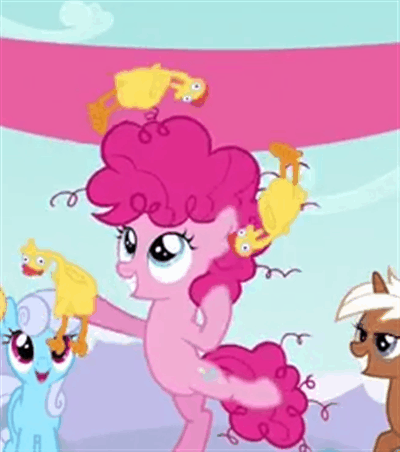 Size: 400x452 | Tagged: safe, screencap, character:linky, character:pinkie pie, character:shoeshine, character:silver spanner, episode:pinkie pride, g4, my little pony: friendship is magic, animated, cropped, filly, juggling, rubber chicken