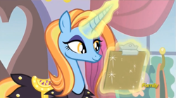 Size: 1499x833 | Tagged: safe, screencap, character:sassy saddles, species:pony, species:unicorn, episode:canterlot boutique, g4, my little pony: friendship is magic, clipboard, discovery family logo, female, magic, magic aura, mare, solo, telekinesis