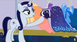Size: 1497x831 | Tagged: safe, screencap, character:moonlight raven, species:pony, species:unicorn, episode:canterlot boutique, g4, my little pony: friendship is magic, clothing, dress, female, mare, over the moon, solo