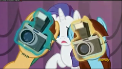 Size: 960x540 | Tagged: safe, screencap, character:rarity, character:say cheese, character:snapshot, episode:canterlot boutique, g4, my little pony: friendship is magic, beanie, camera, clothing, discovery family logo, goatee, hat, magic aura