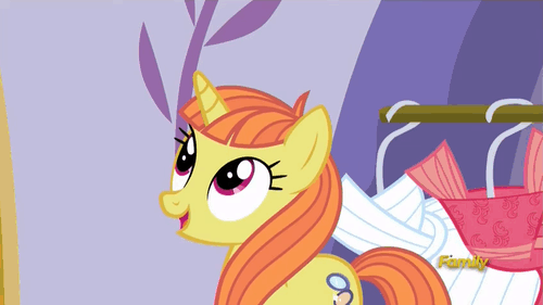 Size: 500x281 | Tagged: safe, screencap, character:citrus blush, episode:canterlot boutique, g4, my little pony: friendship is magic, animated, background pony, clothing, compact, discovery family, discovery family logo, dress, solo