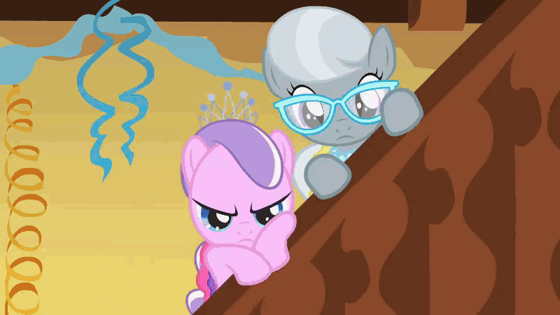 Size: 800x450 | Tagged: safe, screencap, character:diamond tiara, character:silver spoon, character:twist, episode:call of the cutie, g4, my little pony: friendship is magic, animated, blinking, cute, eyes closed, frown, glare, grin, jumping, smiling, twistabetes