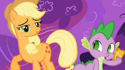 Size: 964x543 | Tagged: safe, screencap, character:applejack, character:spike, species:dragon, species:earth pony, species:pony, episode:the ticket master, g4, my little pony: friendship is magic, duo, female, gala ticket, male, mare, raised hoof, smug, ticket