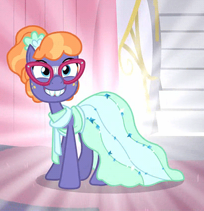 Size: 412x427 | Tagged: safe, screencap, character:frazzle rock, episode:canterlot boutique, g4, my little pony: friendship is magic, adorkable, animated, broken glasses, clothing, cute, dork, dress, frazzlebetes, grin, shiny, smiling, solo, when she smiles