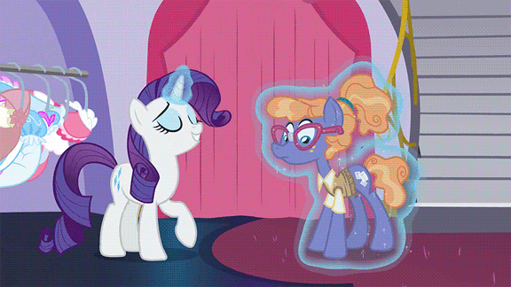 Size: 576x324 | Tagged: safe, screencap, character:frazzle rock, character:rarity, episode:canterlot boutique, g4, my little pony: friendship is magic, adorkable, animated, clothing, cute, dork, dress, duo, frazzlebetes, smiling, when she smiles