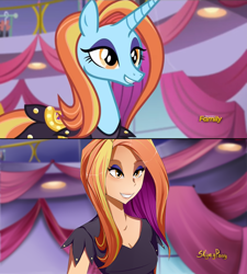 Size: 1280x1420 | Tagged: safe, artist:skyeypony, screencap, character:sassy saddles, species:human, episode:canterlot boutique, g4, my little pony: friendship is magic, cleavage, eyeshadow, female, grin, humanized, lidded eyes, makeup, scene interpretation, smiling, solo