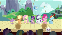 Size: 854x480 | Tagged: safe, screencap, character:applejack, character:clover the clever, character:fluttershy, character:pinkie pie, character:rainbow dash, character:rarity, character:spike, character:twilight sparkle, episode:hearth's warming eve, g4, my little pony: friendship is magic, chancellor puddinghead, commander hurricane, mane seven, mane six, princess platinum, private pansy, smart cookie