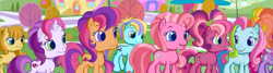 Size: 1449x387 | Tagged: safe, screencap, character:bumblesweet (g3), character:cheerilee (g3), character:pinkie pie (g3), character:rainbow dash (g3), character:scootaloo (g3), character:starsong, character:sweetie belle (g3), episode:twinkle wish adventure, g3, g3.5, background pony, g3 panorama, panorama, unnamed pony