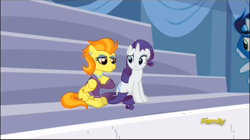 Size: 1507x841 | Tagged: safe, screencap, character:rarity, character:soarin', character:stormy flare, species:pony, species:unicorn, episode:rarity investigates, g4, my little pony: friendship is magic, bags under eyes, clothing, confused, duo focus, ear piercing, earring, eyeshadow, female, folded wings, jewelry, looking down, makeup, mare, necklace, pearl necklace, piercing, raised eyebrow, sweater, wings